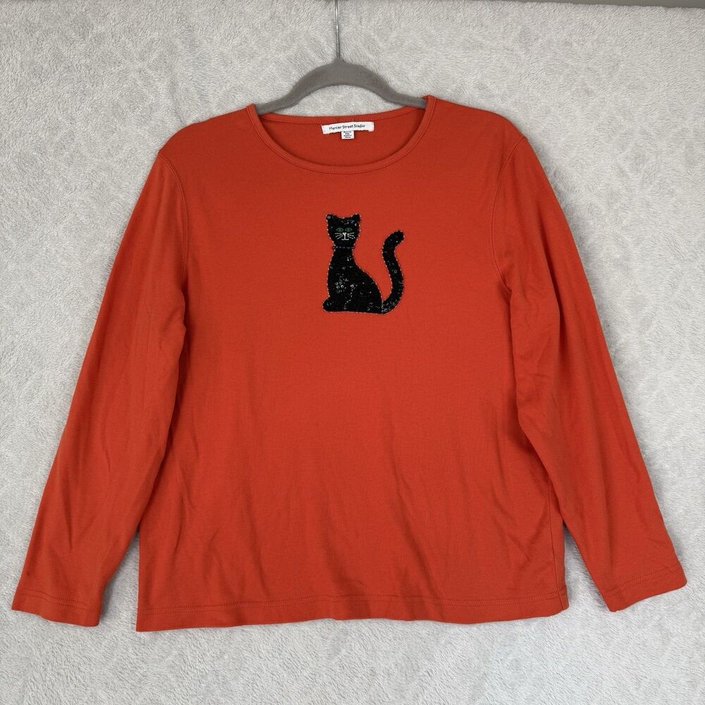 Vtg Halloween Long Sleeve Top XL Petite Orange Black Cat Lady Sequins Fall 90s